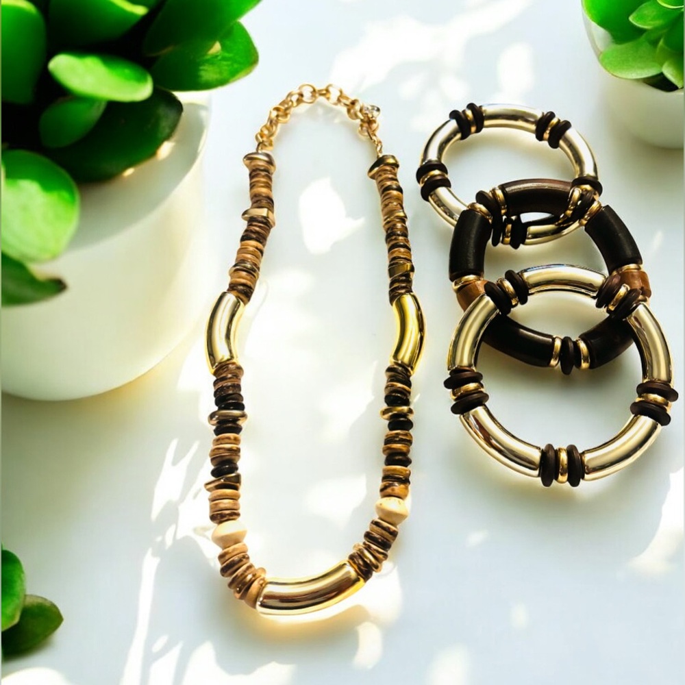 Sassy Jones Gold, Tan and Brown Beaded Necklace and Bracelet Set